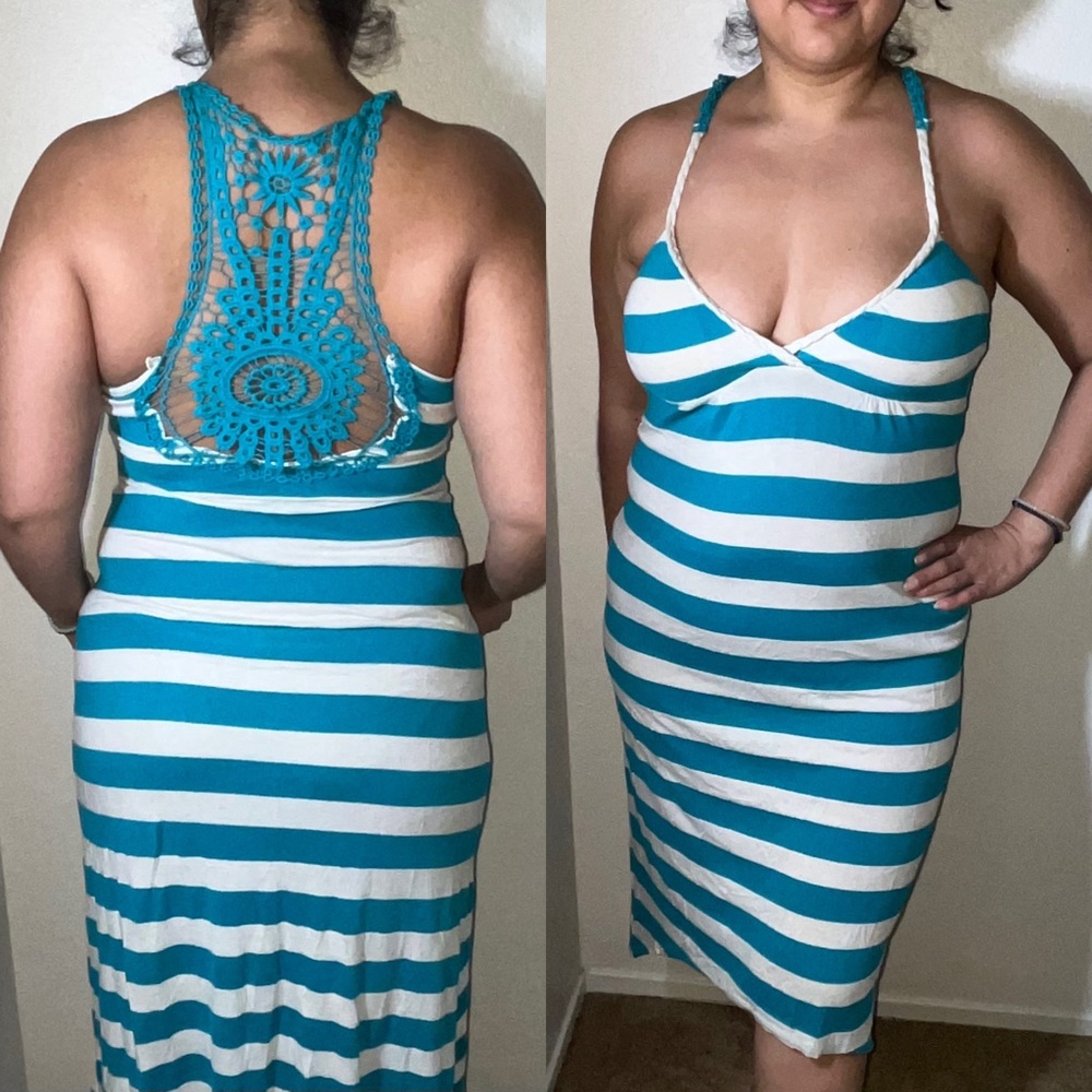 Large Almost Famous Vacation Dress, High Low Cut, Blue/White, Crocheted Back